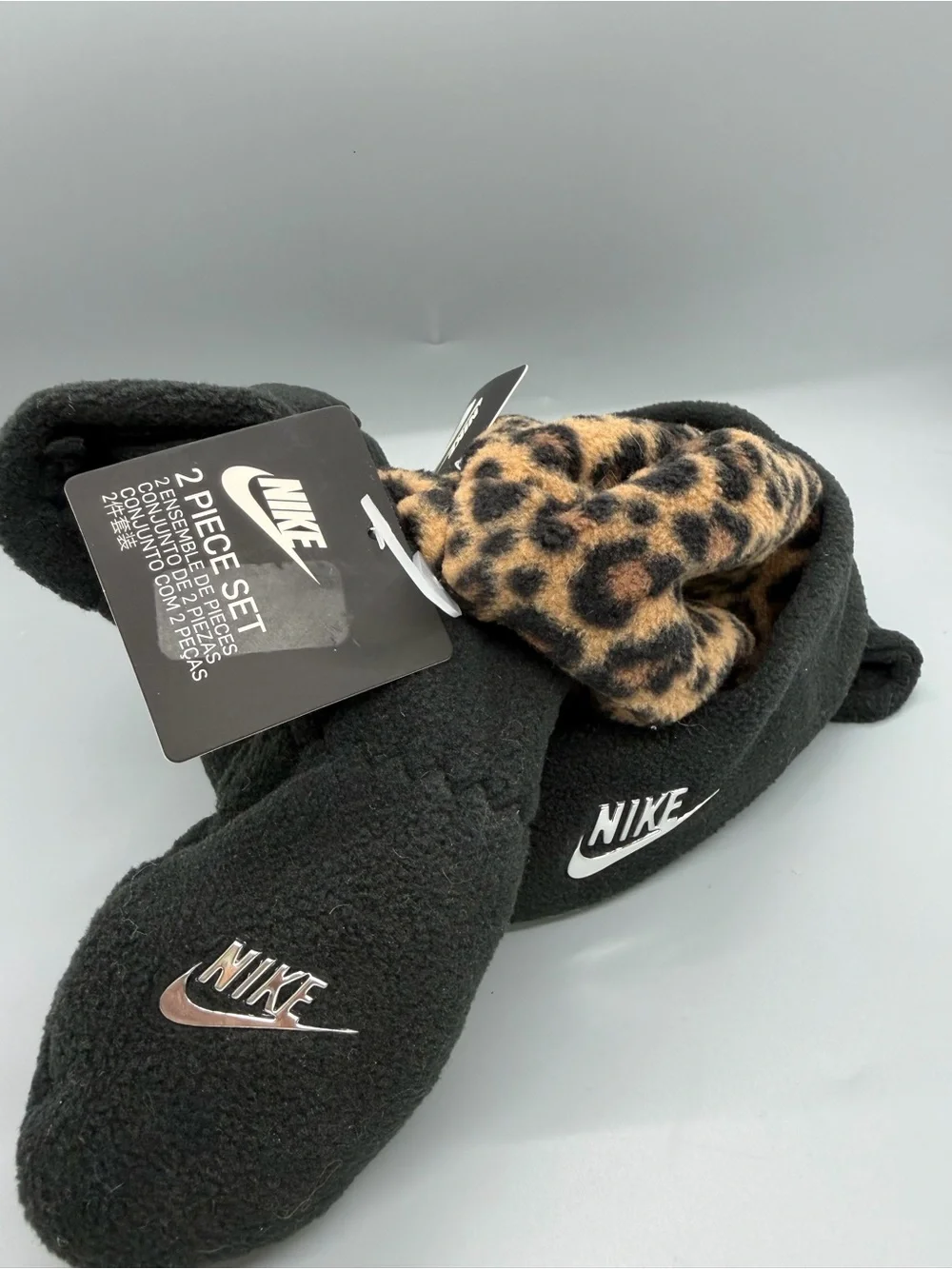 Nike Kids Leopard-Print Fleece Hat and Mittens - Black/Brown